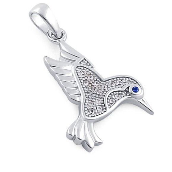 Sterling Silver Hummingbird Blue & Clear CZ Necklace Pendant New - Picture 1 of 1